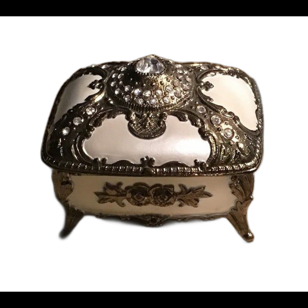 Vintage Ornate Gold & White Footed Jewelry Music Box Hinged Lid Rose Inlay